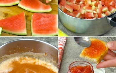 🍉🤩 Non buttate più via le bucce di anguria!  Molti di noi gettano via le bucce di anguria senza rendersi conto che possono essere trasformate in una deliziosa marmellata dai colori vivaci. Questa ricetta economica e facile da preparare vi permette di utilizzare ingredienti che spesso finiscono nella spazzatura.
