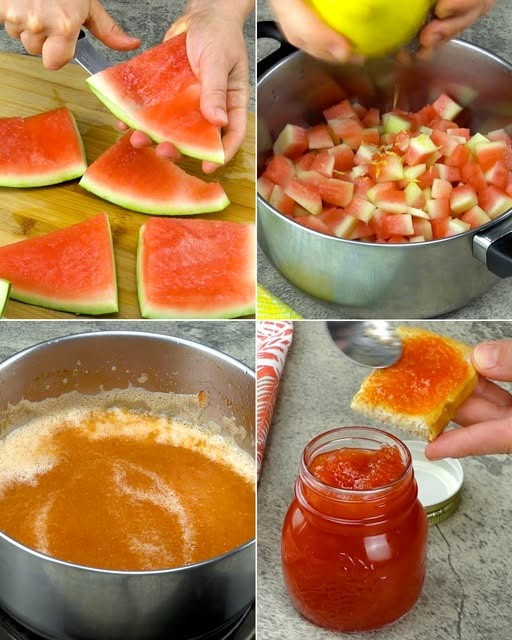 🍉🤩 Non buttate più via le bucce di anguria!  Molti di noi gettano via le bucce di anguria senza rendersi conto che possono essere trasformate in una deliziosa marmellata dai colori vivaci. Questa ricetta economica e facile da preparare vi permette di utilizzare ingredienti che spesso finiscono nella spazzatura.