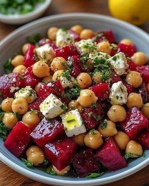 Insalata di ceci, barbabietola rossa e feta con vinaigrette all’aglio e limone