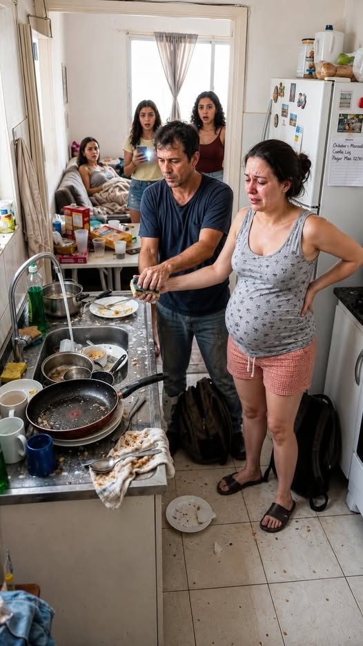Arrivò alle 22:45 e vide sua moglie, all’ottavo mese di gravidanza, che lavava i piatti mentre la sua famiglia rideva di lei… ma ciò che trovò nella spazzatura cambiò tutto. PARTE 1